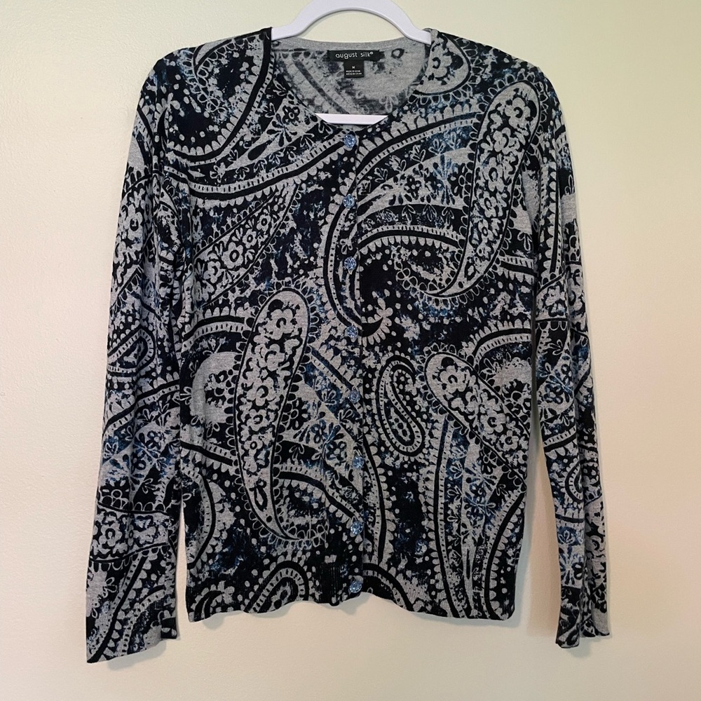 August Silk Grey Black Blue Paisley Button Front Long Sleeve Cardigan Sweater